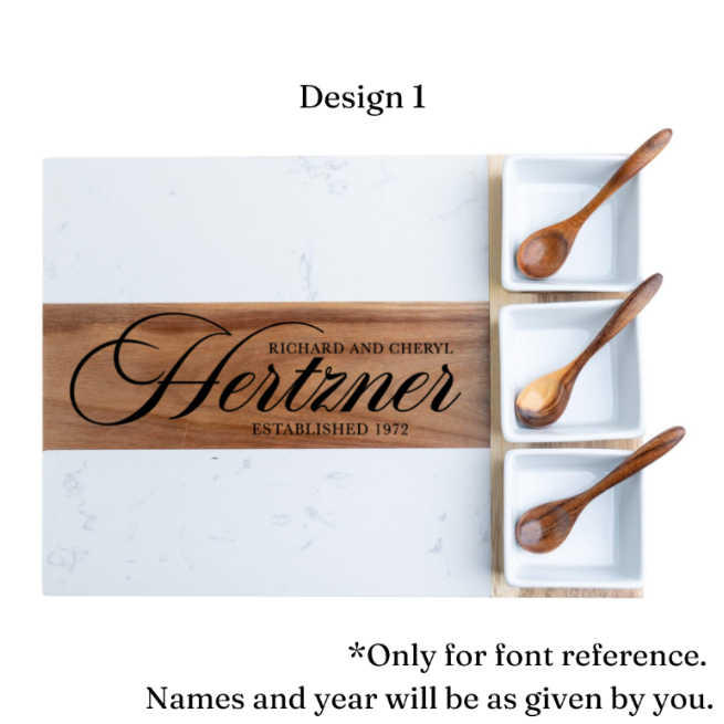 Personalized Marble and Acacia Charcuterie Board with Utensils & Ramekins