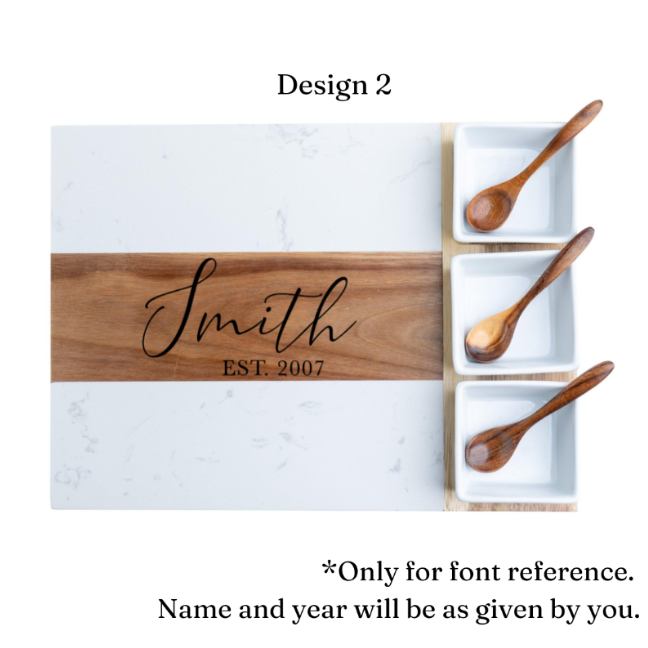 Personalized Marble and Acacia Charcuterie Board with Utensils & Ramekins