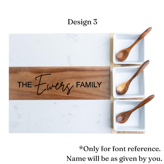 Personalized Marble and Acacia Charcuterie Board with Utensils & Ramekins