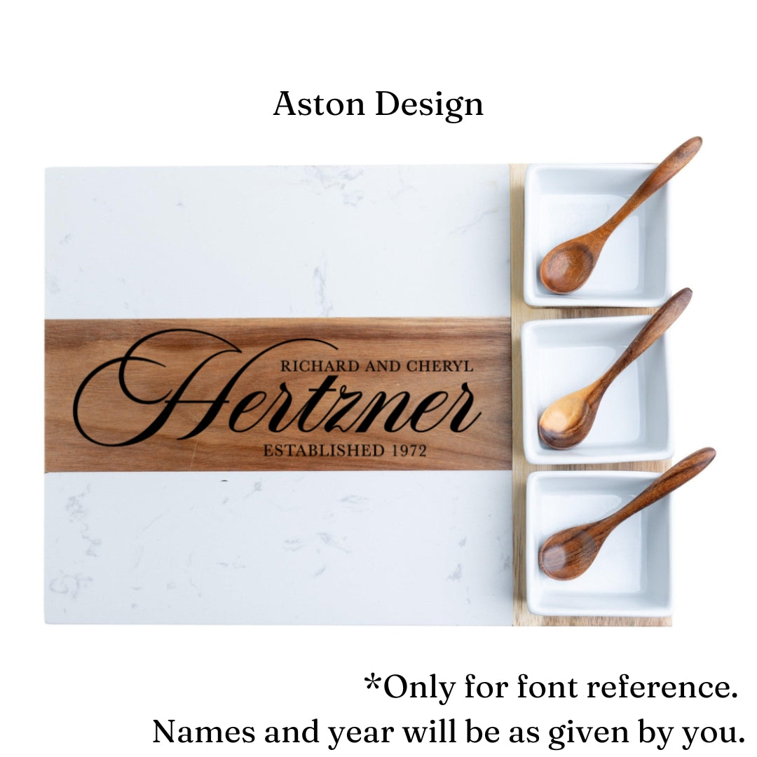 Personalized Marble & Acacia Charcuterie Board Set with Utensils & Ramekins