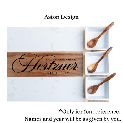 Personalized Marble & Acacia Charcuterie Board Set with Utensils & Ramekins