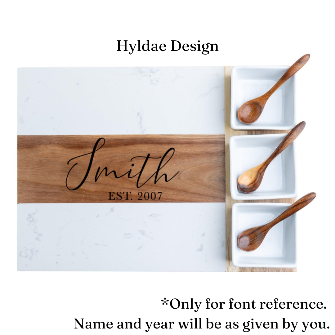 Personalized Marble & Acacia Charcuterie Board Set with Utensils & Ramekins