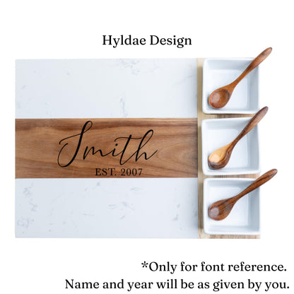 Personalized Marble & Acacia Charcuterie Board Set with Utensils & Ramekins