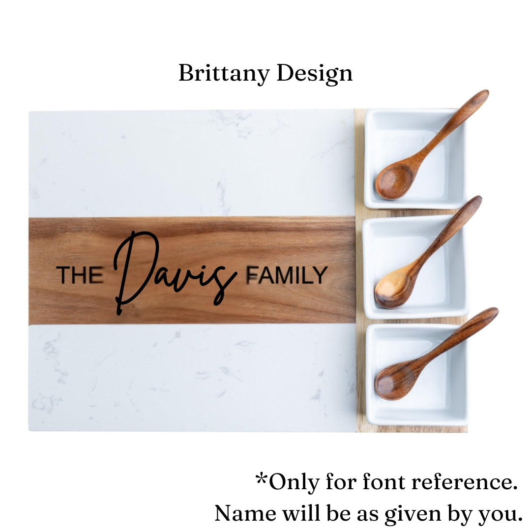 Personalized Marble & Acacia Charcuterie Board Set with Utensils & Ramekins