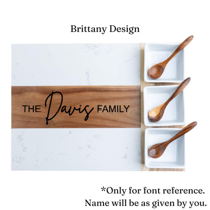 Personalized Marble & Acacia Charcuterie Board Set with Utensils & Ramekins