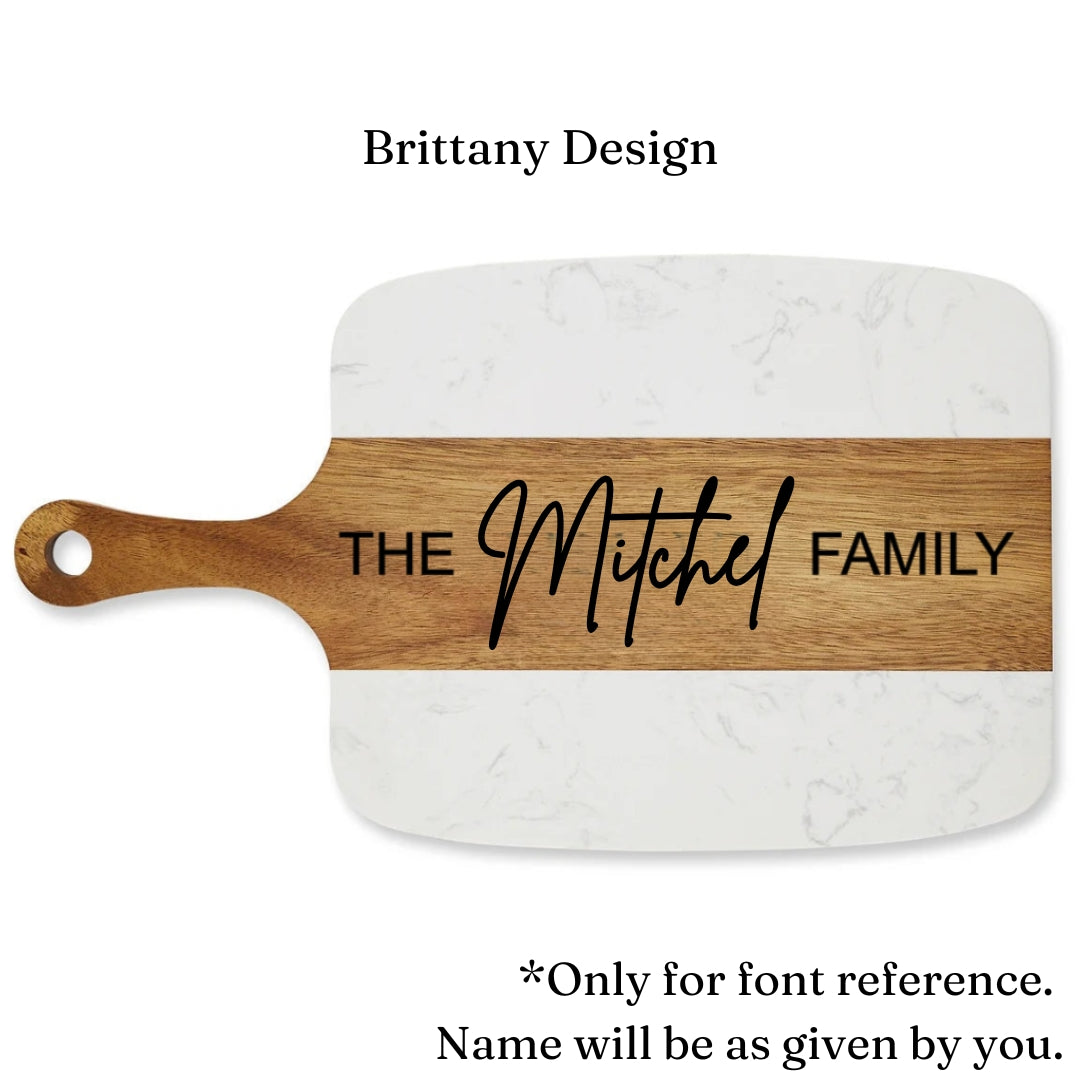 Personalized Marble & Acacia Charcuterie Board with Cheese Knives