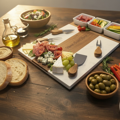 Personalized Marble and Acacia Charcuterie Board with Utensils & Ramekins