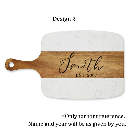 Personalized Marble and Acacia Charcuterie Board with Utensils